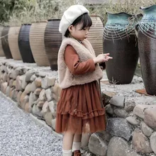 Рубашка для девочек, меховой жилет, стильный короткий детский жилет с кроличьим мехом на шнуровке на осень и зиму, меховой жилет, пальто Fa