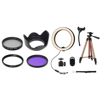 

1 Set Lens Hood + UV + CPL + FLD Filter (52mm) & 1 Set Selfie Ring Light 6 Inch Led Ring Lamp with 50 Inch Tripod