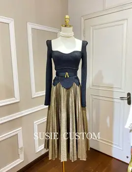 

Autumn Ladies Elegant Two Piece Set Runway Women Gold thread Embroidery Lace Knit Tops + Pleated Long Skirt 2 piece set OL Suit