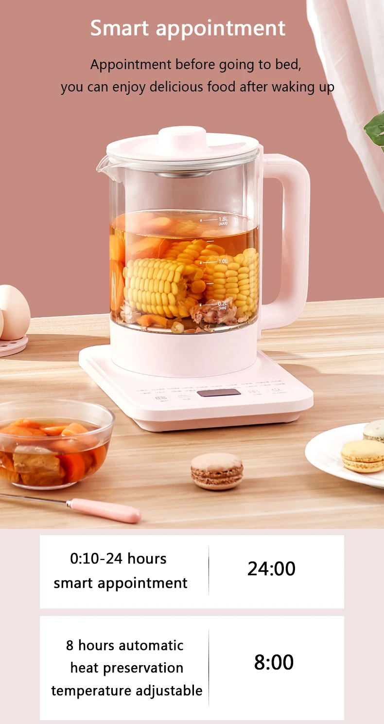 Elétrica de Vidro Cukyi Casa Chaleira Inteligente Pote Saúde Automática Guisado Bule Chá Fabricante Scented Macarrão Ovo 24h Nomeação 1.8l 6 pote saúde automática guisado bule chá fabricante