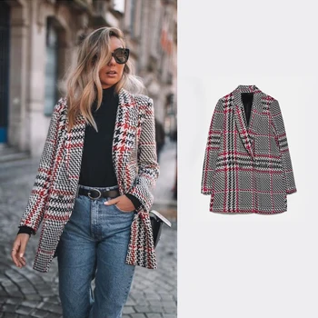 

2020 Spring Women ZA Plaid Tweed Blazer New Houndstooth Double Breasted Suit Slim Coat Casual Jacket Elegant Chic Office Lady