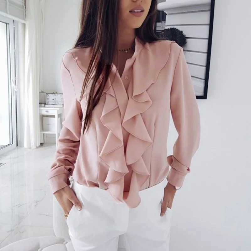 Новинка, женская мягкая блузка, топы с длинными рукавами, с v-образным вырезом, одноцветные тонкие Топы - Цвет: Pink