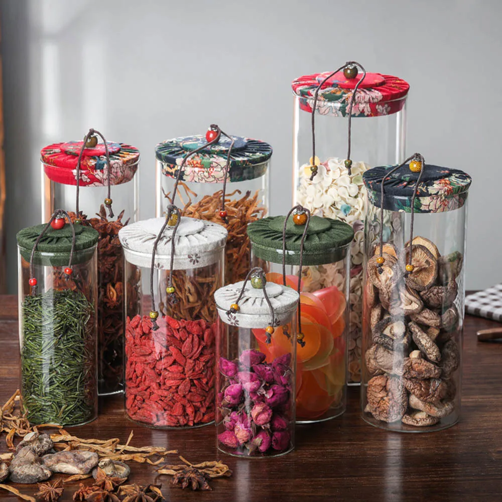 

Airtight Glass Food Storage Containers with Vintage Wooden Lids Kitchen Storage Box Multipurpose Cereal Jars Container