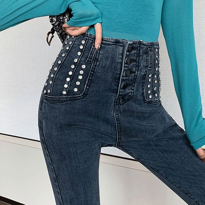 2020 Spring Women Jeans Pencil Pants High Waist Womens Skinny Mom Buttons Blue Elastic Denim Heavy Rivet | Женская одежда