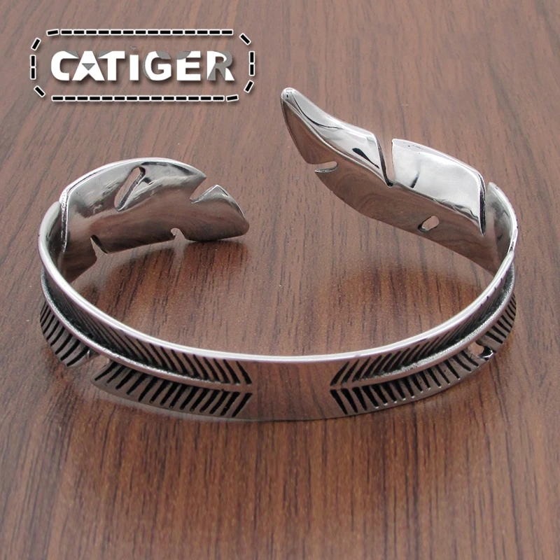 Vintage 316L Stainless Steel Feather Shape Open Cuff Bangle Bracelet For Men Or Women Classic Retro Style Rock Jewelry 4