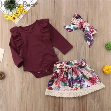 Humor Bear/весенне-осенние комплекты одежды для маленьких девочек хлопковая футболка с длинными рукавами+ юбка с цветочным принтом+ повязка на голову, 3 предмета, одежда для малышей