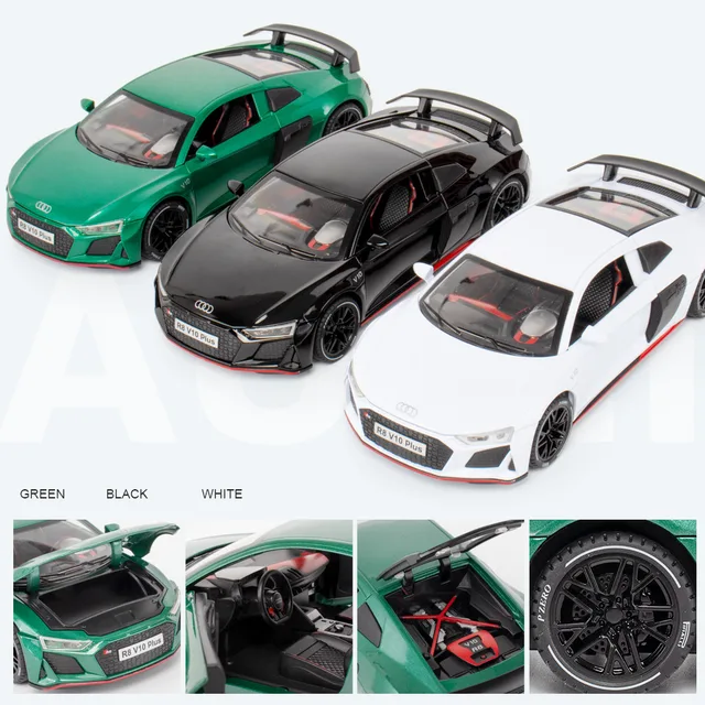 1:24 AUDI R8 V10 Plus Alloy Sports Car Model Diecasts Metal Toy Car Model High Simulation Sound Light Collection Kids Toys Gifts 6