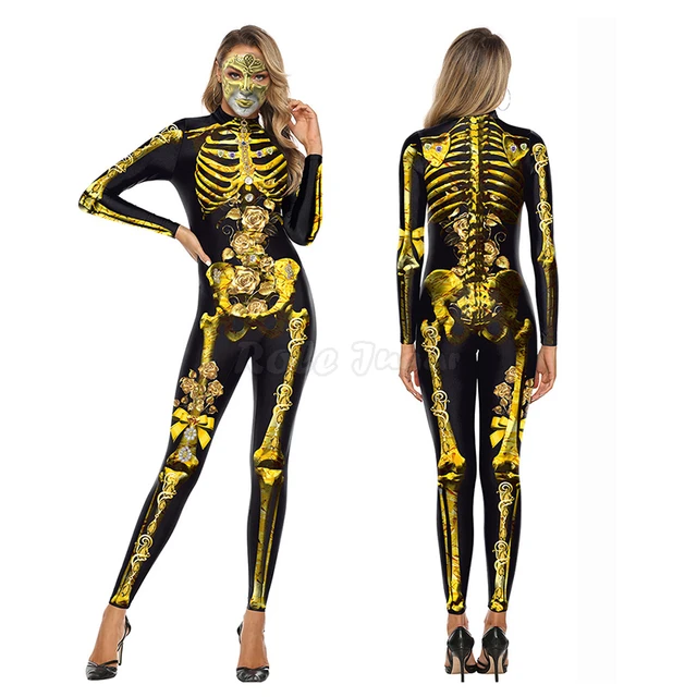 Horror Skeleton Print Jumpsuits Cosplay Costume Men Women Halloween  Carnival Party Stage Performance Ghost Bodysuits S