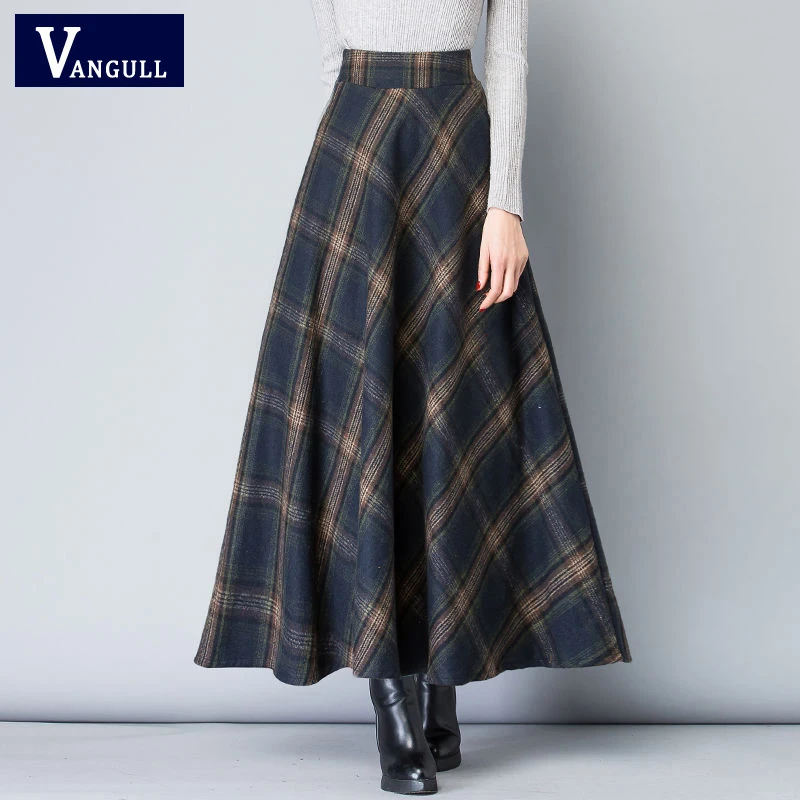 Vangull/осенне-зимняя клетчатая юбка Новое поступление, теплая шерстяная Женская юбка с высокой талией, элегантная, красивая, женская, утолщенная юбка трапециевидной формы