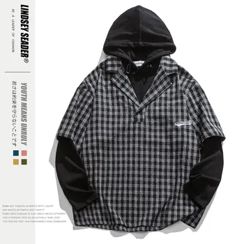

Lindsey Seader Striped False Two Pieces Hoodies Casual Pullover Hooded Sweatshirts Men Fashion Hip Hop Hipster Streetwear Hoodie