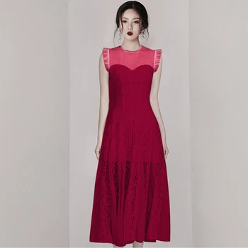 

HAMALIEL Runway Women Lace Party Dress New 2020 Spring Summer Sleeveless Patchwork Mesh Long Dress Elegant Hollow Out Red Dress