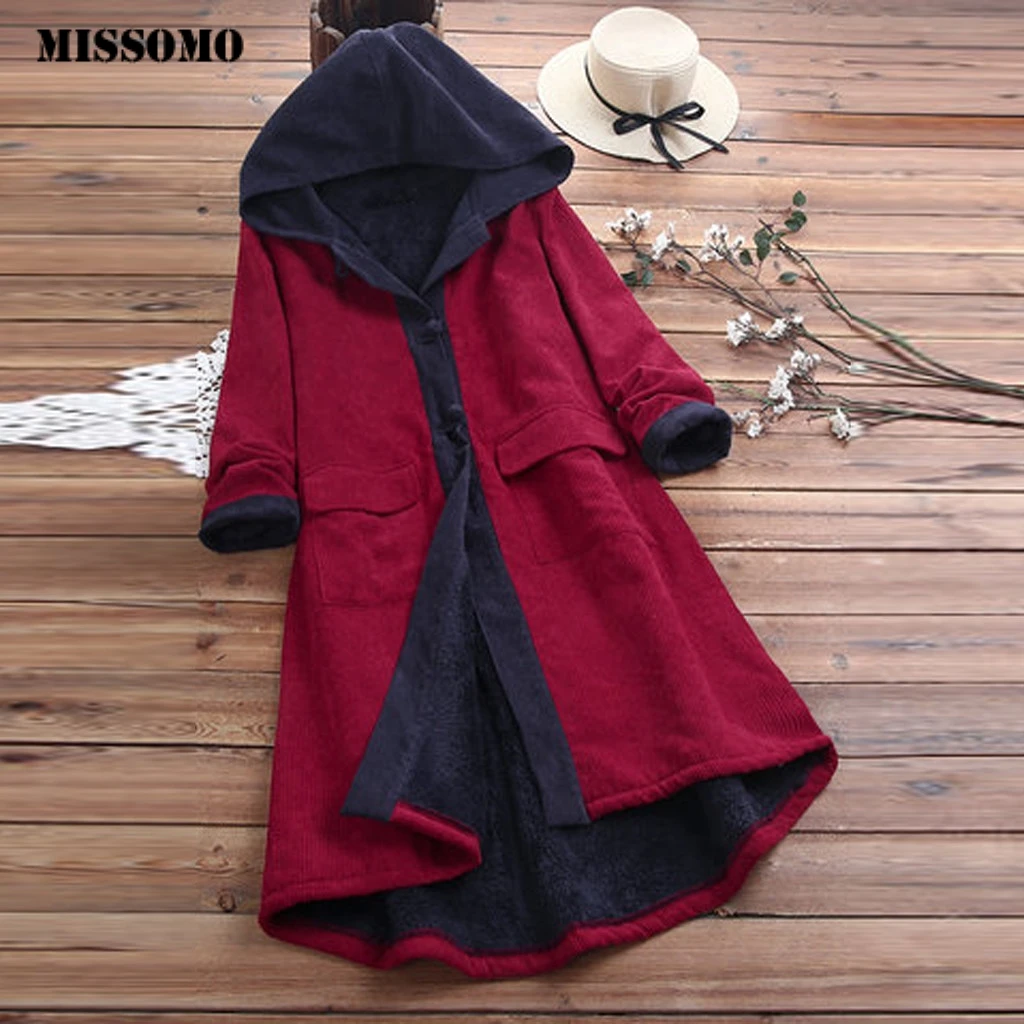 

MISSOMO Parka Winter Jacket Women Casual Patch Hooded Long Sleeve Chunky Quilted Fleece Corduroy Long Coat women thicken Outwear
