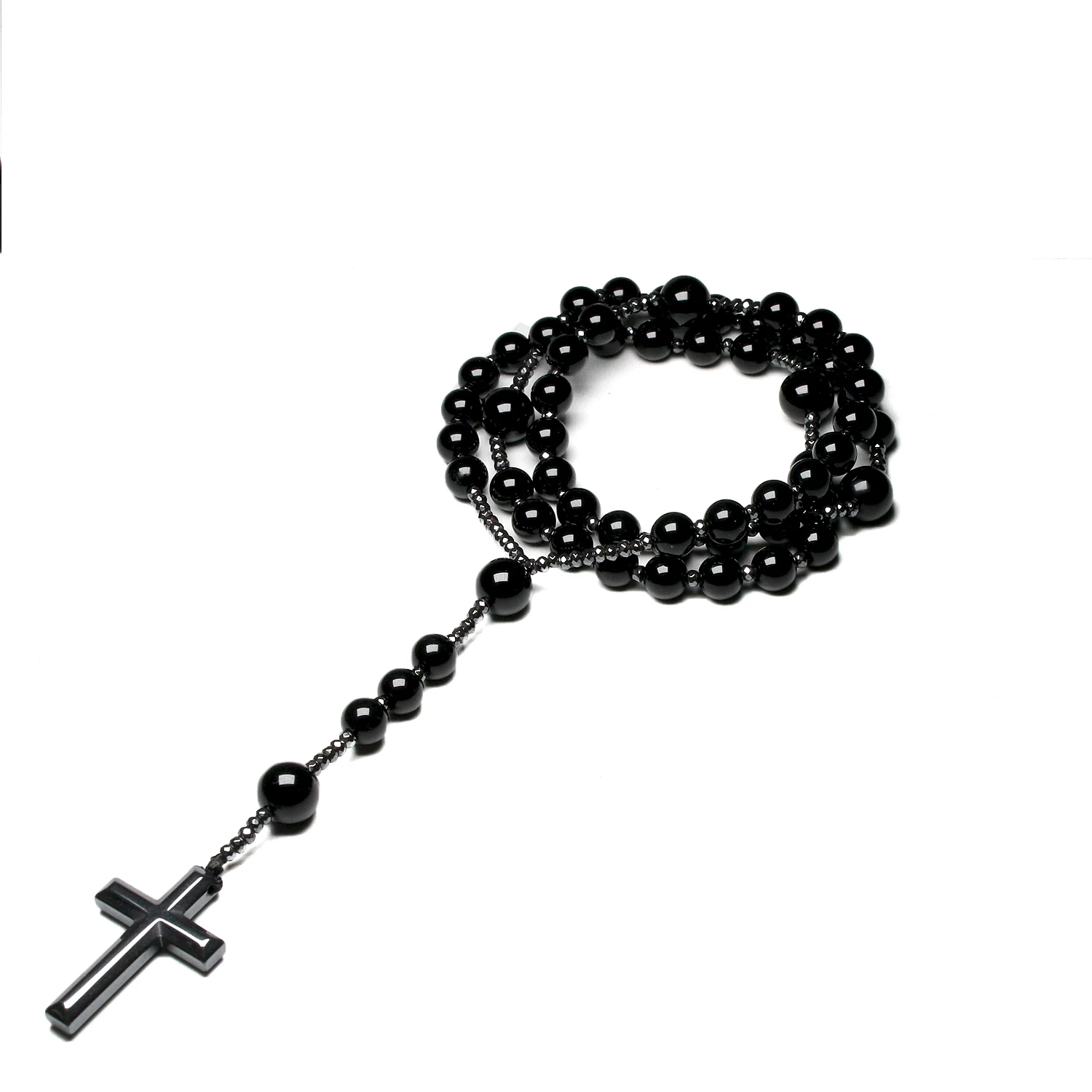 Natural Black Onyx Beads Catholic Christ Rosary Necklaces Hematite Cross Pendant Men Necklace Meditation Mala Jewelry