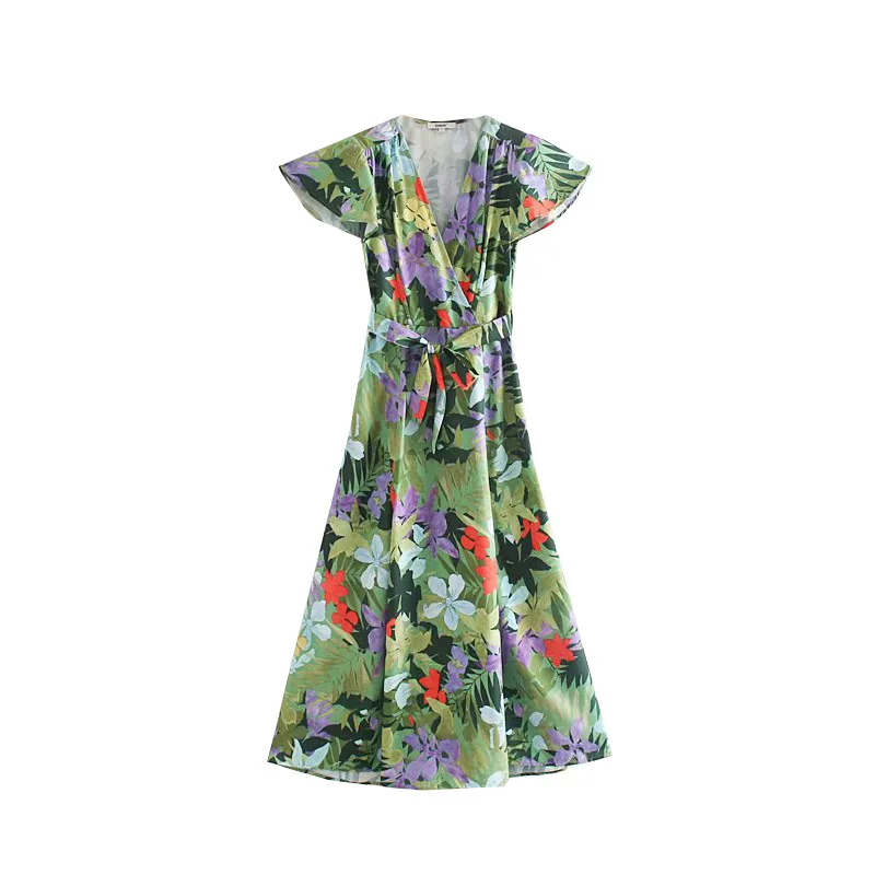 

Australia Non-mainstream Design Retro Printed Short Sleeve V-neck of Belt Dress Summer WOMEN'S Dress New Products Long Skirts