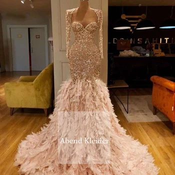 

Long Champagne Mermaid Glitters Arabic Evening Dress 2020 with Feather Robe De Soiree Party Gowns