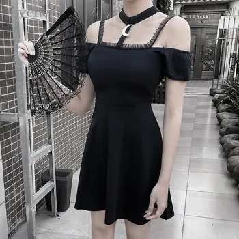 

Lychee Harajuku Gothic Solid Lace Women Pleated Dress Zip Back Off Shoulder Female Halter Dress High Waist Summer Lady Dresses