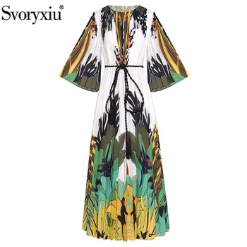 

Svoryxiu 2020 Runway Designer Spring Summer Pleated Long Dress Women's Fashion 3/4 Sleeve Colorful Pattern Print Party Dresses