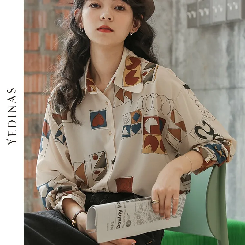 

Yedinas Vintage Print Blouse Women Long Sleeve Loose Shirt Female White Elegant Blouses Korean Style Spring Shirt Chic Tops 2021