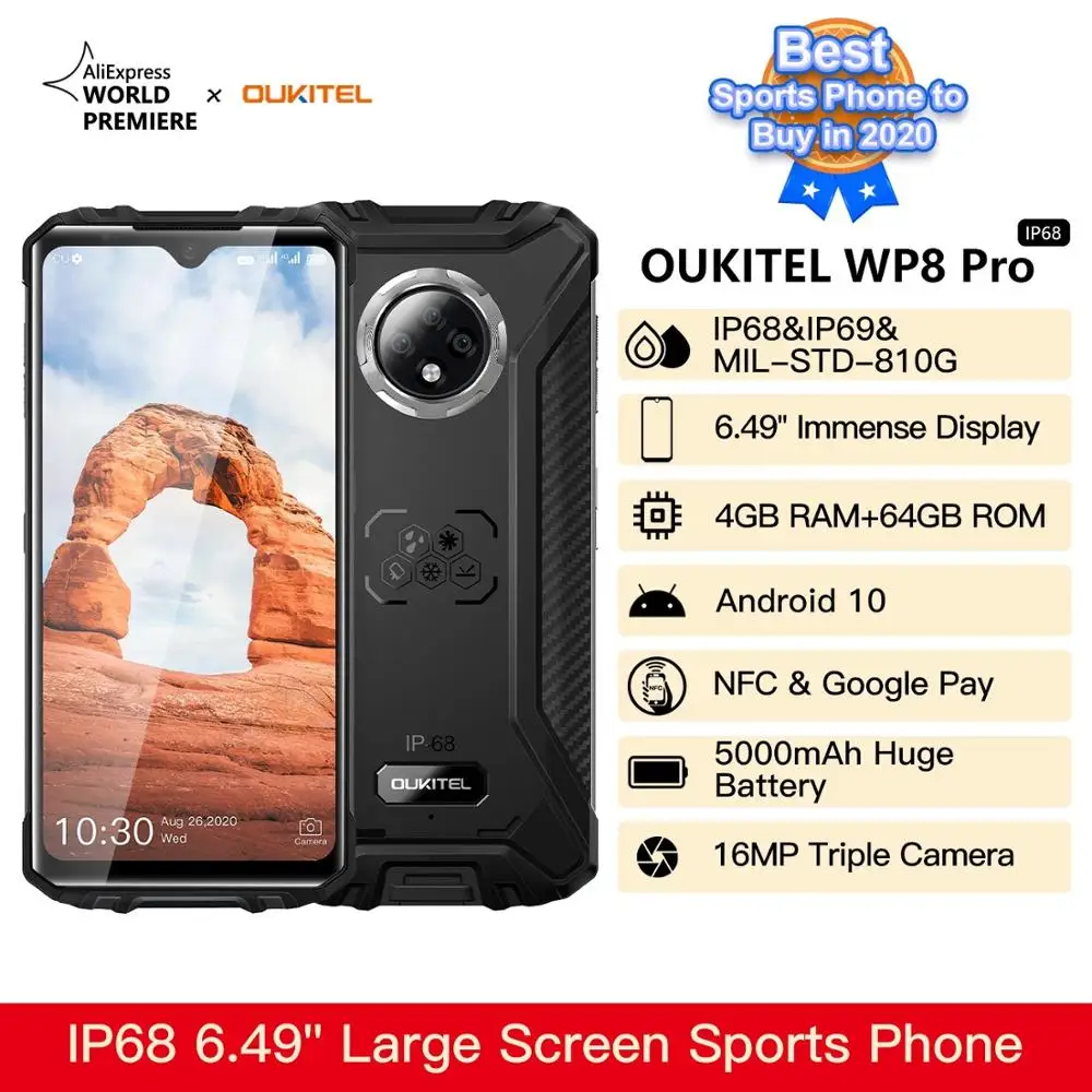 original OUKITEL WP8 Pro IP68 Waterproof Mobile Phone NFC 6.49'' HD+ 4GB 64GB MT6762D Octa Core Android 10 4G Smartphone 5000mAh