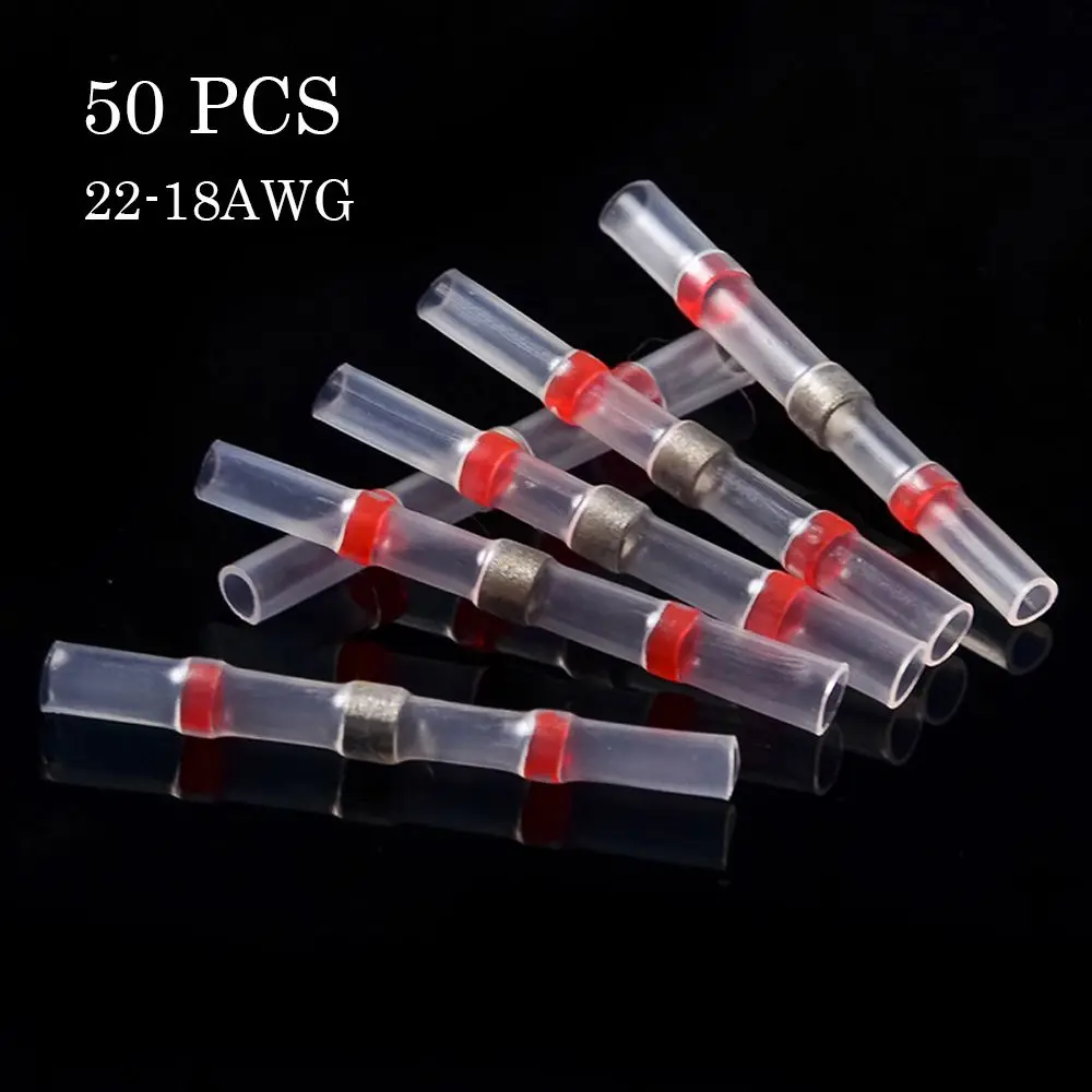 50pcs Single Solder Ring Seal Heat Shrink Butt Wire Connectors Terminals AWG22-18 Red Solder Sleeve Waterproof