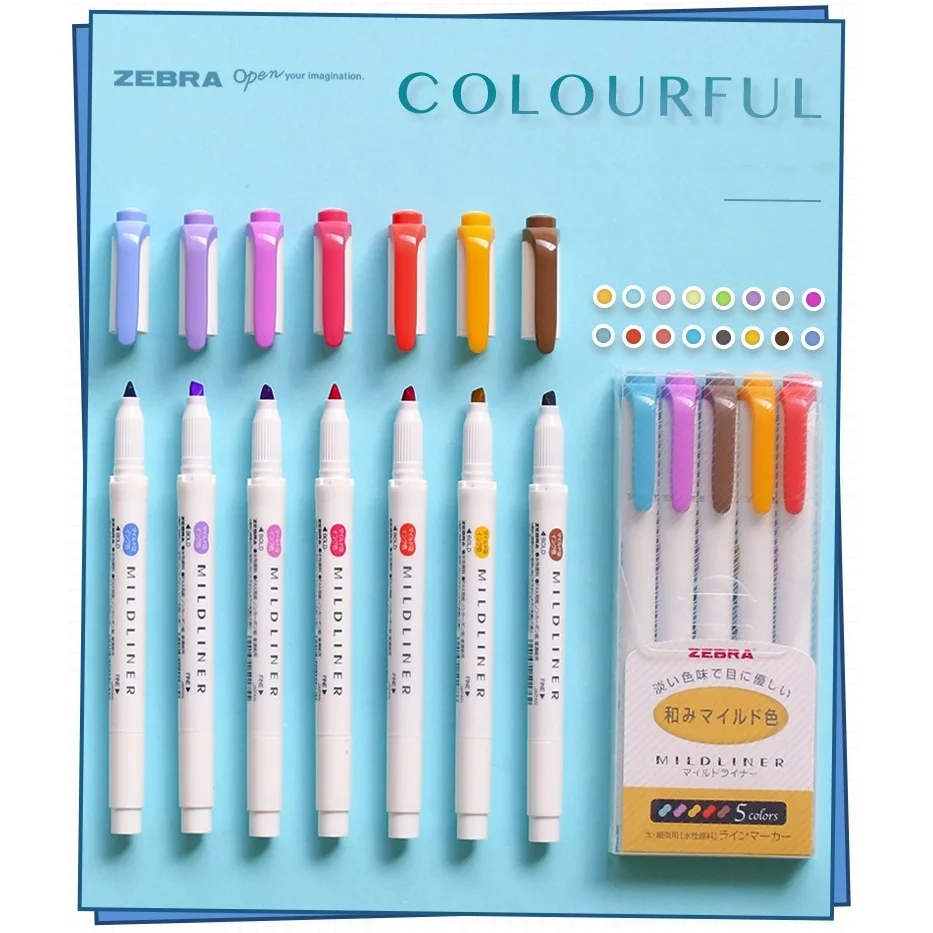 Набор ручек хайлайтеров Zebra Mildliner с двусторонним концом WKT7 мягкая подводка долото