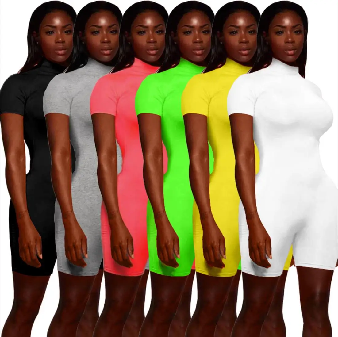 

Women Sport Solid Color Short Sleeve Stand Neck Bodycon Skinny Playsuit Sexy Short Jumpsuit Bodysuit Romper Overall