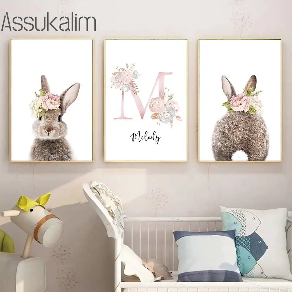 Rabbit Bunny Poster Custom Name Posters Ballet Girl Canvas Painting Nursery Wall Art Print Nordic Pictures Baby Room Decor | Дом и сад