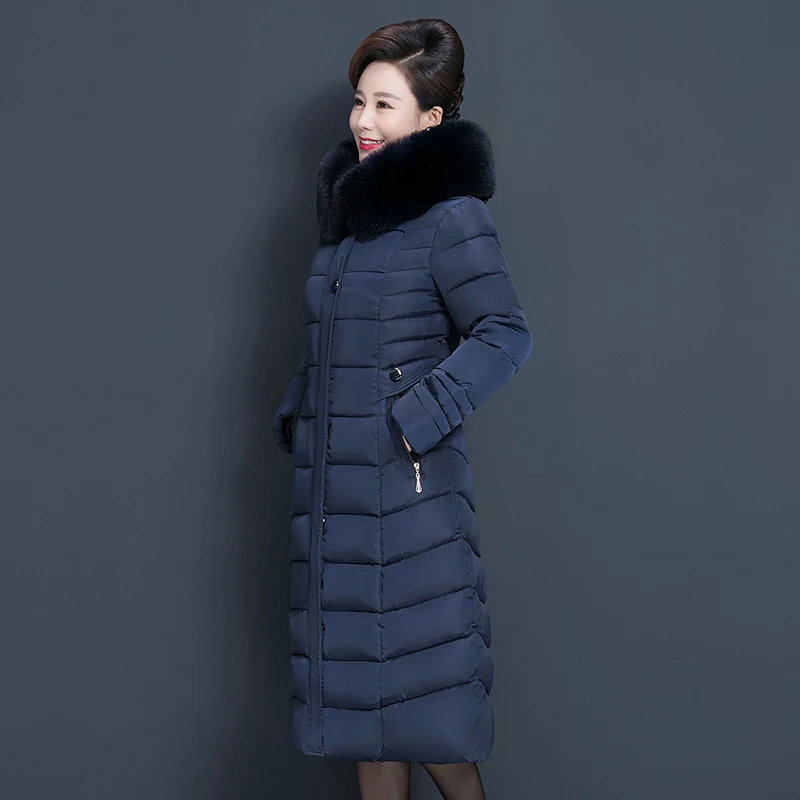X-long зимняя женская куртка с меховым воротником для женщин среднего возраста, парки с капюшоном, теплое толстое хлопковое Женское зимнее пальто размера плюс 6XL