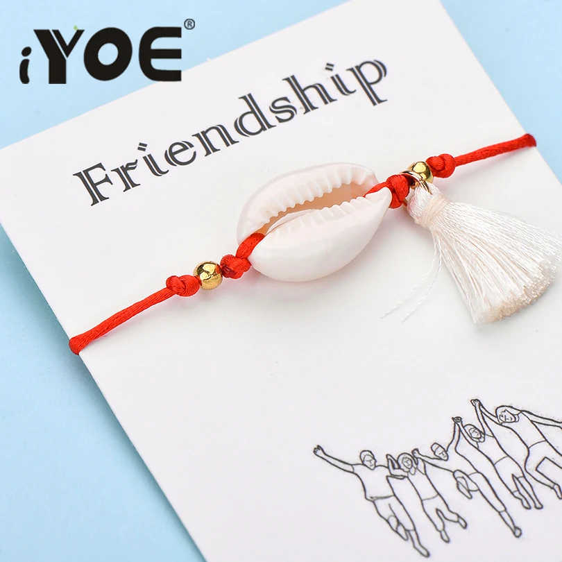 

iYOE Wish Card Friendship Charm Bracelets For Women Natural Shell Tassel Red Rope Bracelet Lucky Handmade Custom Birthday Gifts