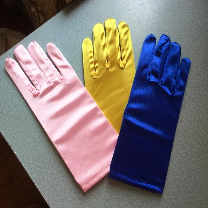 

Short Women Daily Satin Stretch Halloween Yellow Blue Pink Gloves Prom Evening Party Girls Gloves ST151