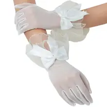 Свадебные прозрачные сетчатые тонкие короткие перчатки атласный бант волнистые оборки варежки