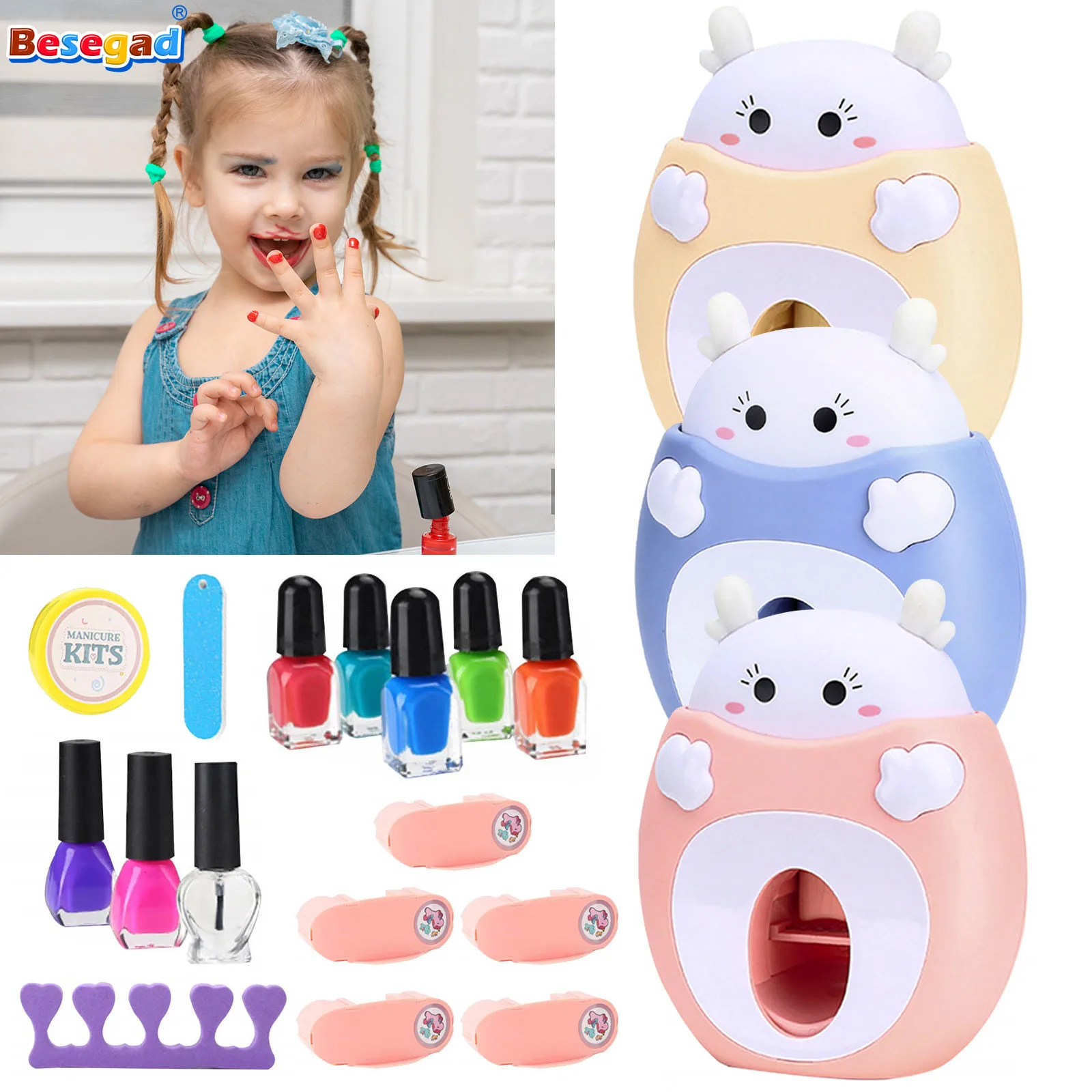 Juego de manicura bonito para niños, Kit de máquina de belleza con estampado de uñas artísticas DIY, juego de imitación de cosméticos, esmalte de uñas, estampadora, juguetes para niñas