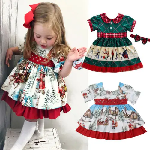 Christmas Toddler Kids Baby Girl Xmas Dress 1-6Y Flowers Print Party Cartoon Santa Swing Dress Clothes