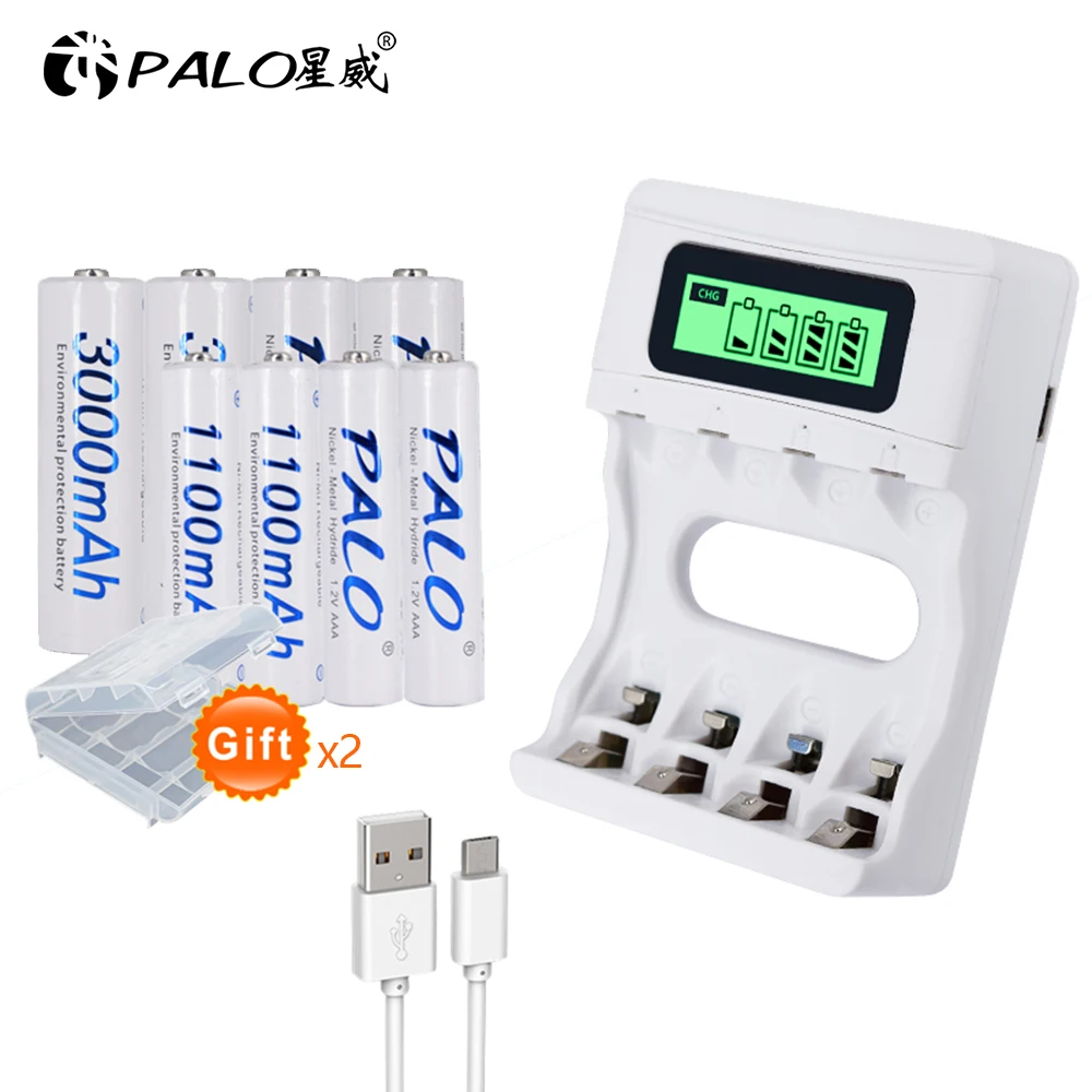 

PALO NC07 USB quick charger LCD smart battery charger for AA AAA nimh nicd 1.2 v rechargeable batteries with 4pcs AA + 4pcs AAA