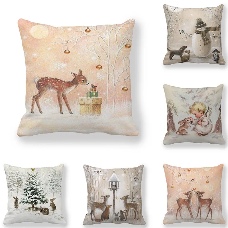 18'' Christmas Deer Pillow Case Polyester Sofa Throw Cushion Cover Home Decor