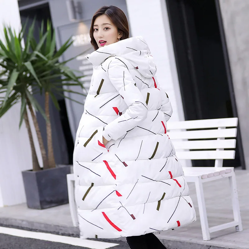 Winter Jacket Coat Women Hooded Cotton Padded Long Parkas New Women Coat Warm Slim Fit Printed Women Jacket - Цвет: white