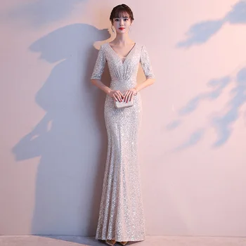 

Evening Dress For Girls Champagne Shining Sequined Formal Gowns Mermaid Long V-Neck Elegant Evening Dresses Robe de soiree K141