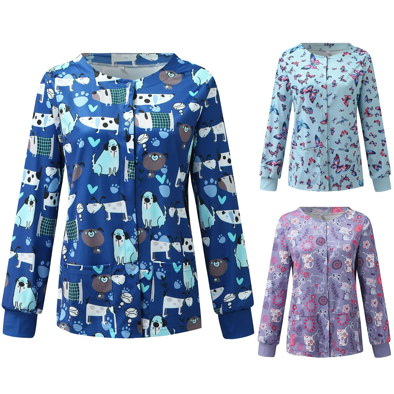 

2022 Veterinary Women Uniforms Scrubs Tops Cartoon Print Long Sleeve O-neck Blouse Pet Shop Nursing Costume Working Uniform L*5
