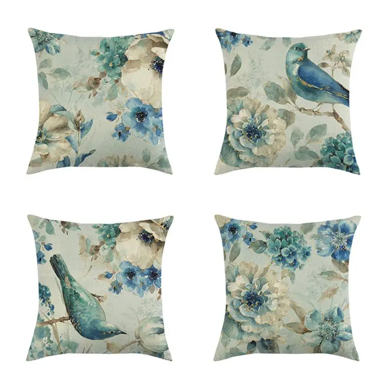

4pack Oil Painting Throw Pillow Covers Blue Flowers&Birds Decorative Square Outdoor Cushion Cover Pillow Case for Car