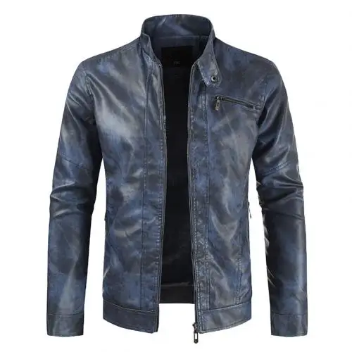 Dark Blue Лидер продаж, осенняя мужская куртка, одноцветная кожаная куртка-бомбер со стоячим воротником, куртка erkek mon на молнии с длинным рукавом, пальто chaqueta hombre - Color: Dark Blue