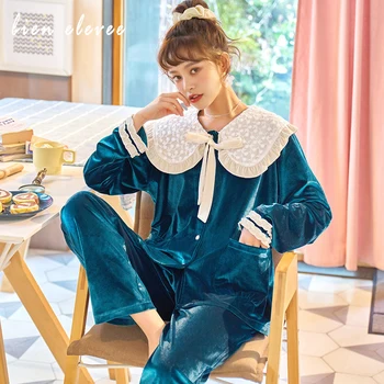 

Women Autumn Sleepwear Pajamas Sets Long Sleeve Pant Suit Lovely Princess Homewear Velvet Lingeries for Ladies Jacquard Vintage