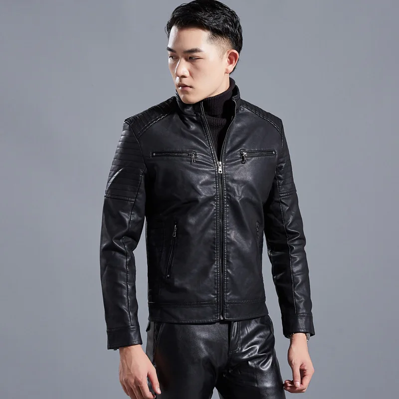 Осень и зима стиль локомотив из искусственной кожи yi shuai мужской корейский стиль Slim Fit Стенд воротник кожаная куртка бизнес Casu