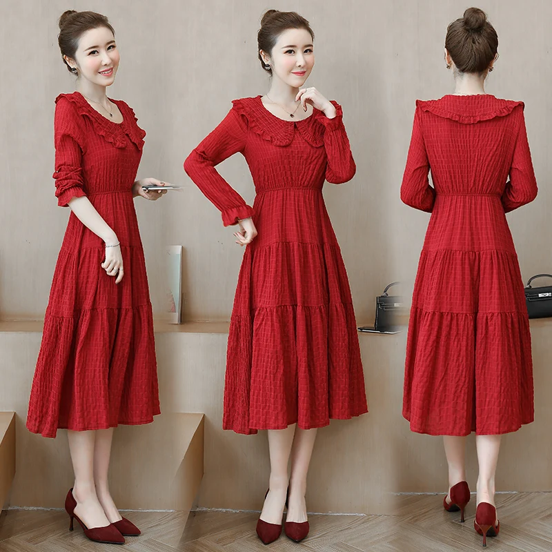 

Sping Scoop Knee-length A-line Vintage Long Bell Sleeve Slim Black Red Fashion Elegant Casual Plus Size Woman Cocktail Dress