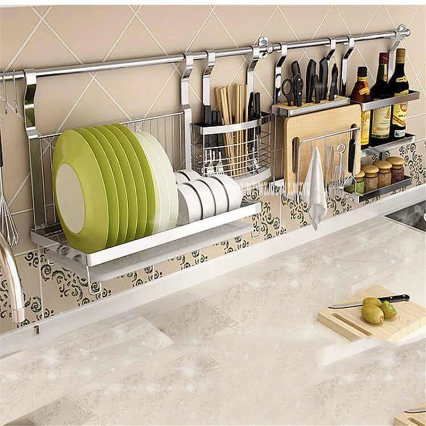 

1256 Stainless Steel Kitchen Shelf Wall Mounted Spice Rack Chopstick Holder Dish Drainer Knife Rack Combination Organizer