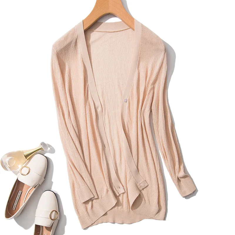 

Spring Summer Viscose Knitted Cardigan Women's Thin Mid-length Airable Shirt Hollow out Outdoor Coat Shawl Three-quarter-length