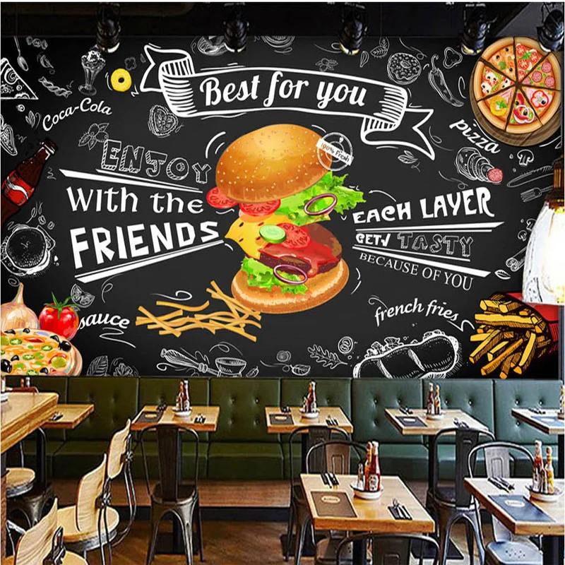 

Dropship Drop Shipping Custom European And American Hand-Drawn Burger Fast Food Snack Bar Background Custom 3d Mural Wallpaper