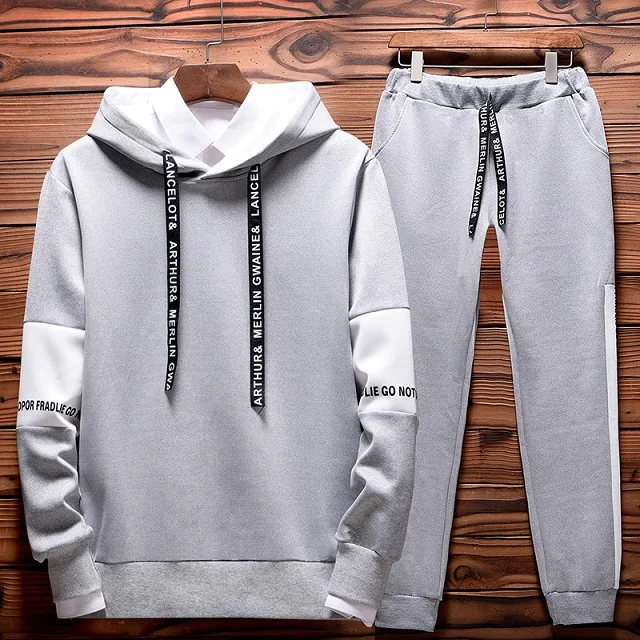 Gray plus velvet Фирменные мужские комплекты, модный осенний весенний спортивный костюм, толстовка+ спортивные штаны, Мужская одежда, комплекты из 2 предметов, тонкий спортивный костюм с капюшоном - Цвет: Gray plus velvet