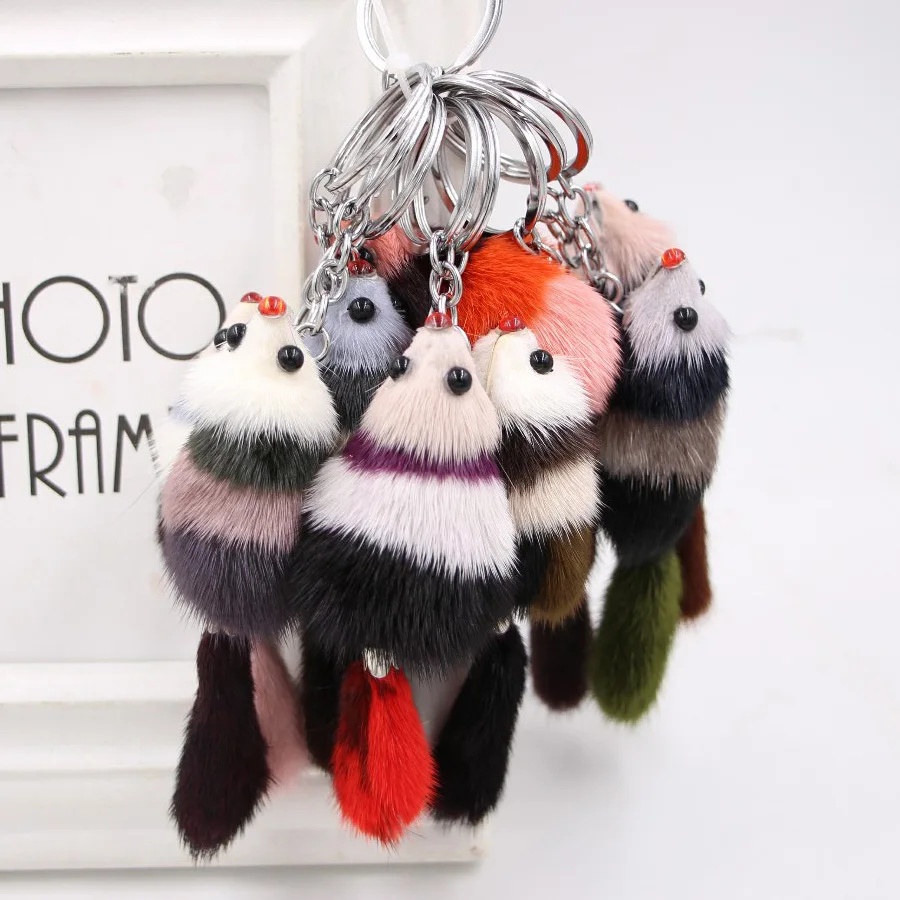 

Mixed Color Mink Fur Fox Keychain Fully Tail Fox Key Chain Handmade Plush Keychain Bag Pendant Pompom Hairball Fox Metal Keyring