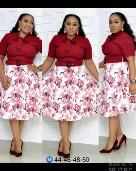 

Elegant African Print Mother Dress Women Clothing Short Sleeve High-quality Office Ladies Party Tunic Belted Dress Dashiki Dress