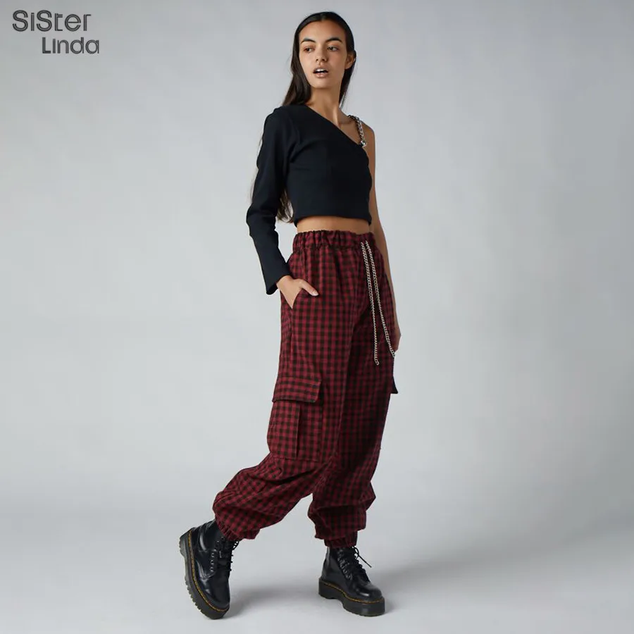 Sisterlinda Модные клетчатые Харадзюку брюки карго женские повседневные брюки для бега свободные женские брюки Mujer осенние брюки с высокой талией